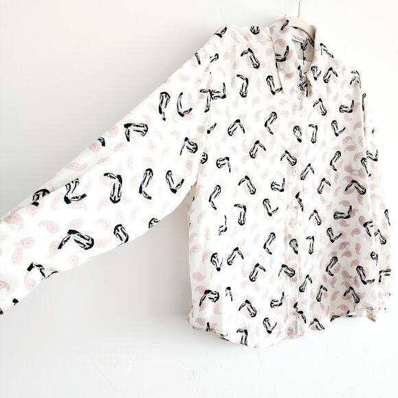 Zara Cream Beige & Pink Button Up Shirt Paisley & Boot Cowgirl Print Top Medium - Picture 6 of 7